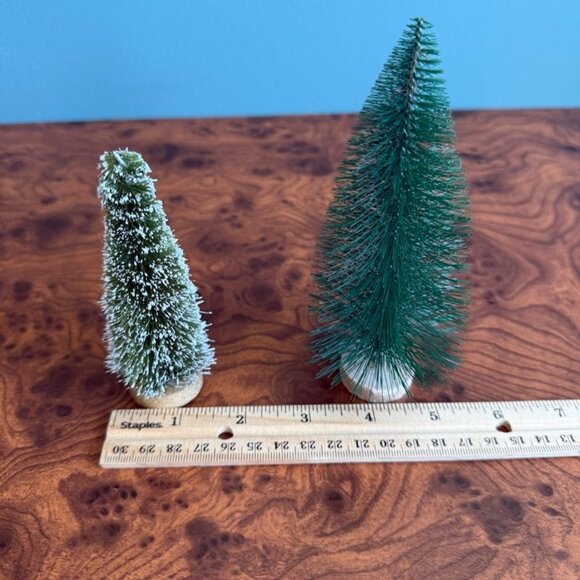 Vintage Bottle Brush Trees Set Of 2 Green & Frosted Snow Decorative Holiday Deco - Picture 6 of 8